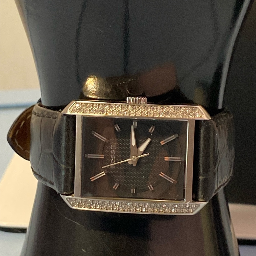 Fossil Rectangular Crystal Bezel Women's Watch Bl… - image 2